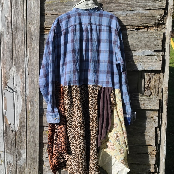 Boho Plaid Animal Print Upcycled Coat Dress - Picture 7 of 8